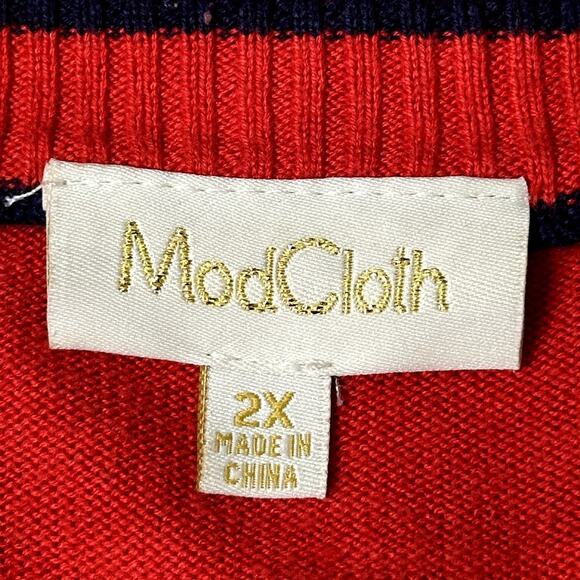 ModCloth Classic Women Size 2X Red Navy Trim Button Up V Neck Cardigan Sweater - Picture 5 of 7